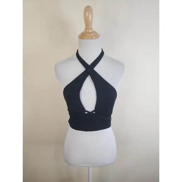 URBAN OUTFITTERS Valeria Halter Crop Top Size Small Black Shirt Strappy - Picture 3 of 12